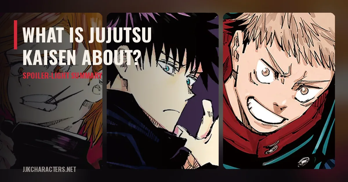 Collage of Nobara Kugisaki, Megumi Fushiguro and Yuji Itadori with the title What Is Jujutsu Kaisen About